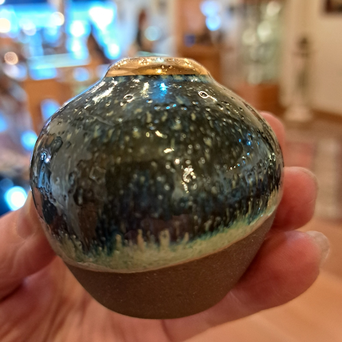 JP-008 Pottery Handmade Miniature Vase Gold, Blue, Sand, Gray $68 at Hunter Wolff Gallery